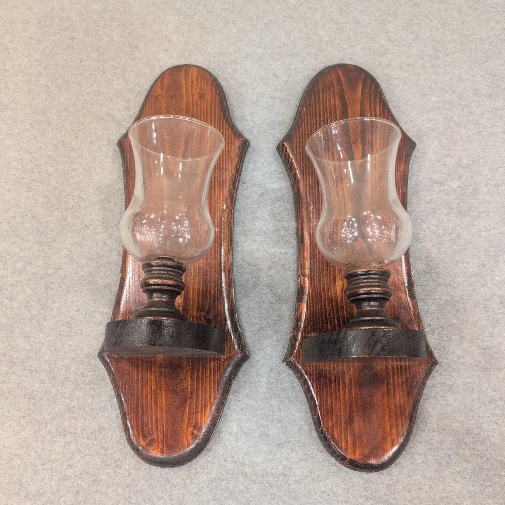 Vintage Rustic Dark Wood Wall Sconce Pair with Glass Hurricane Chimneys Set of 2